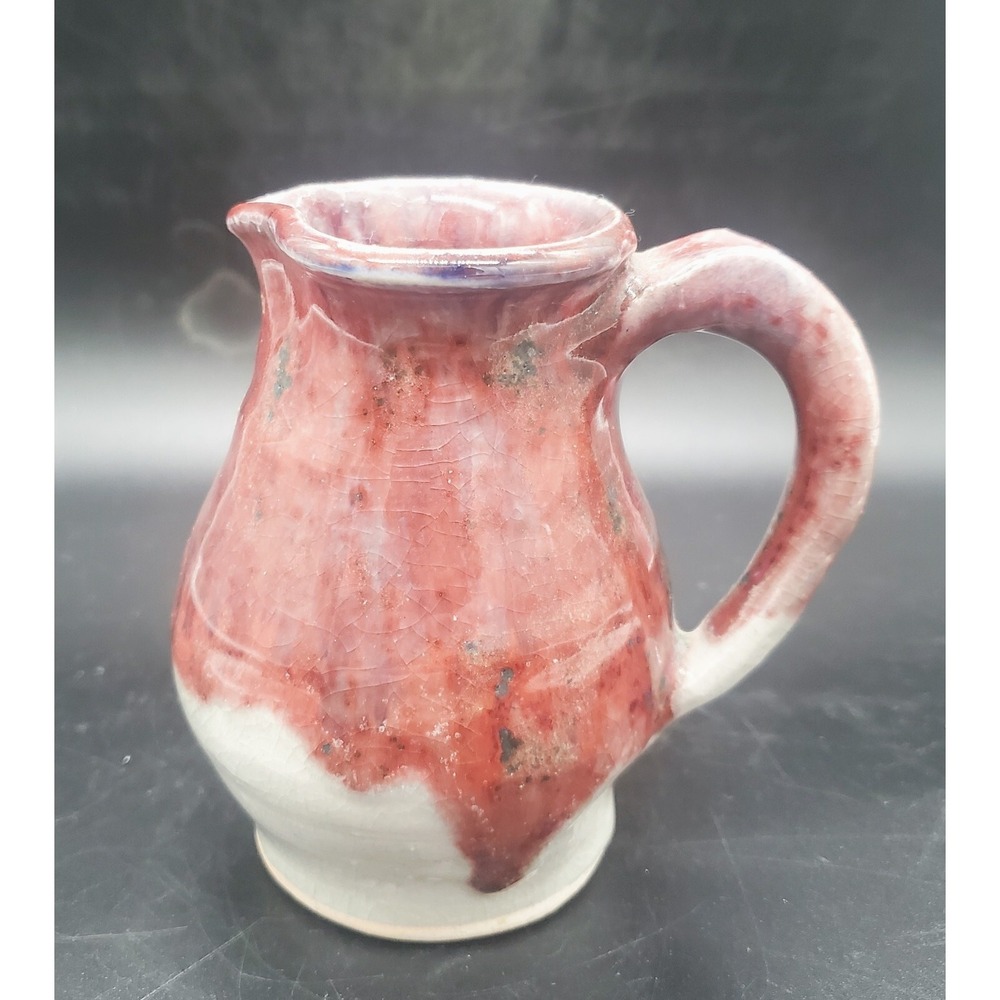 Handmade Art Pottery Ceramic Pitcher Red Glaze Handle 5" Signed Russ